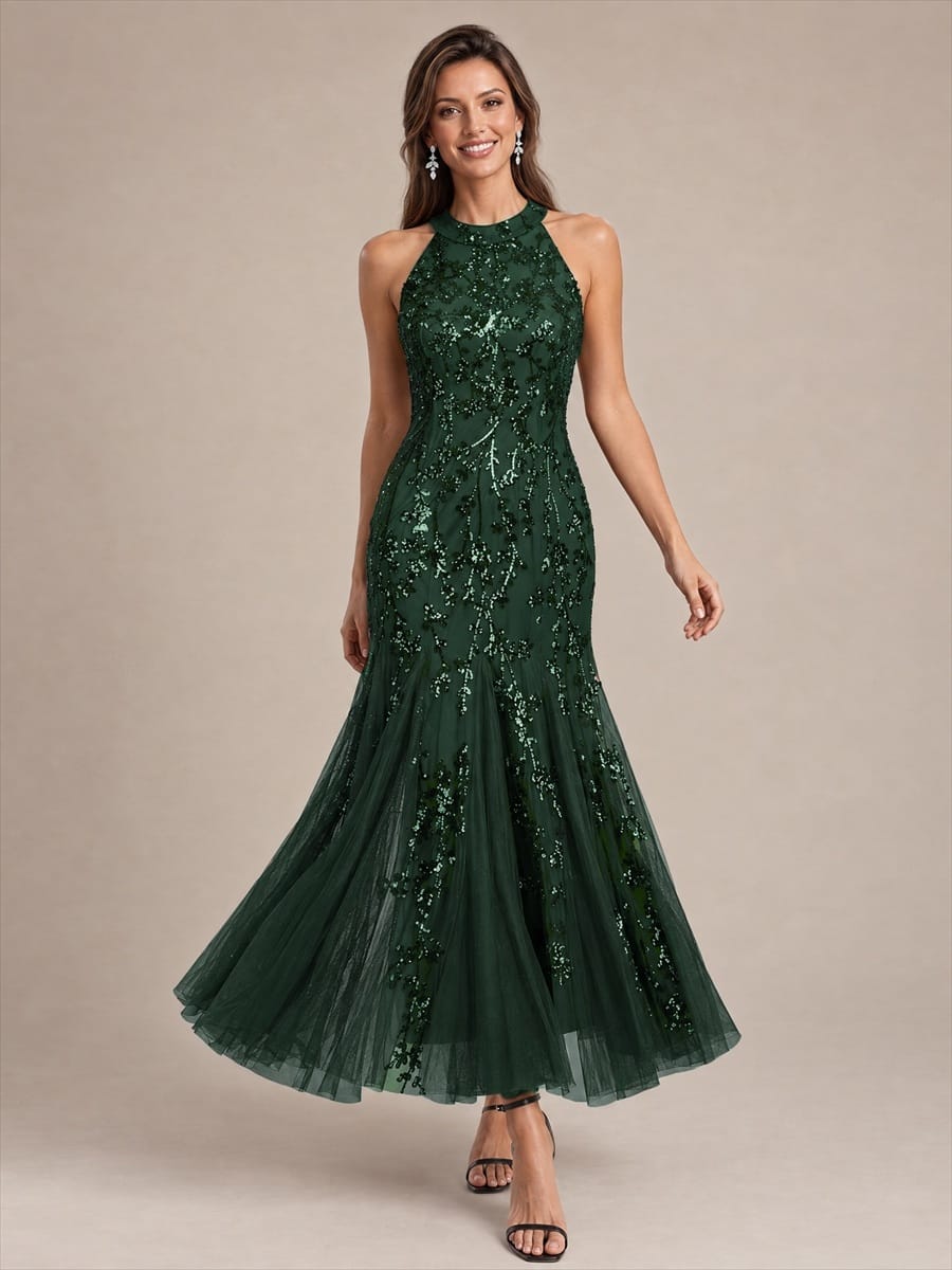 Tiered Tulle Sequin Sleeveless Dress #color_Dark Forest Green