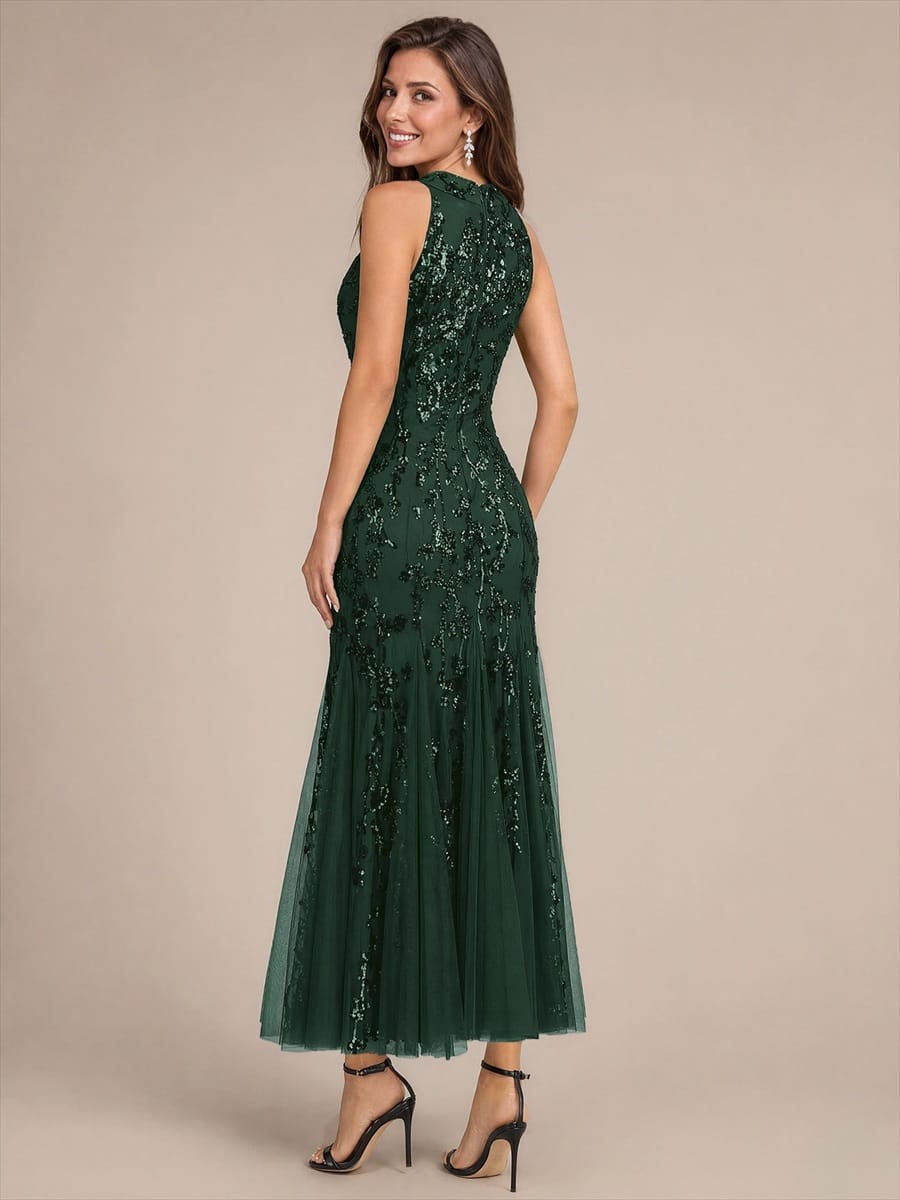 Tiered Tulle Sequin Sleeveless Dress #color_Dark Forest Green