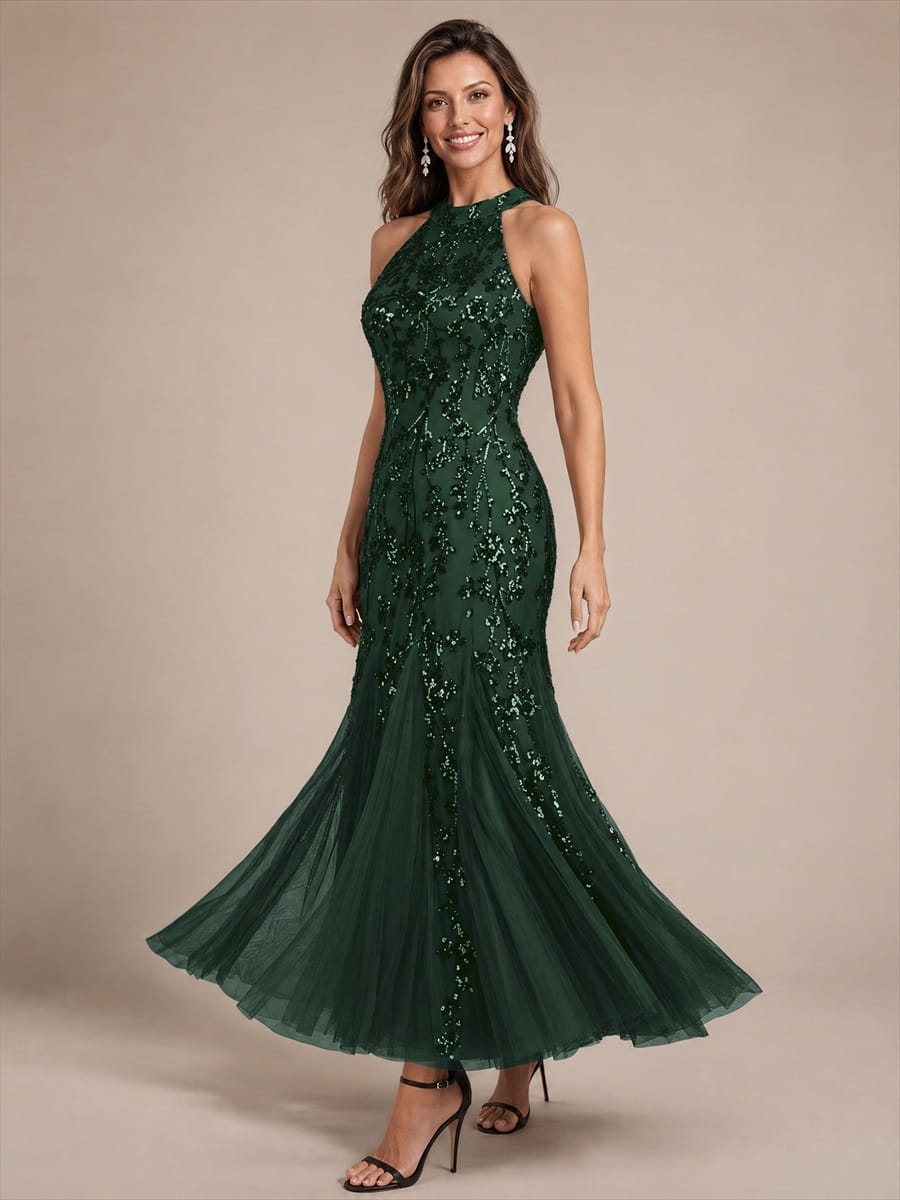 Tiered Tulle Sequin Sleeveless Dress #color_Dark Forest Green