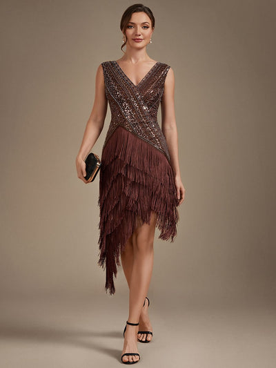 Glamorous Tulle V Neck Sleeveless Beaded Sequin Fringe Dress