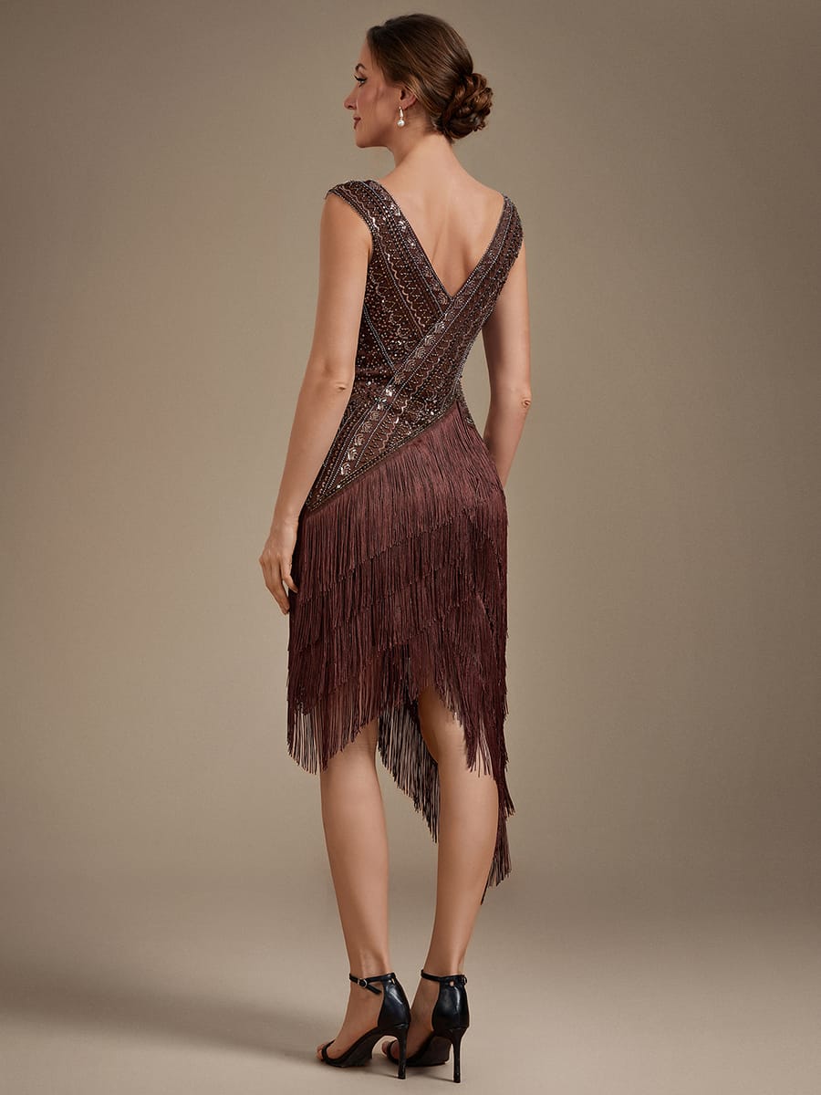 Sequin Tulle Cap Sleeve Dress #color_Brown