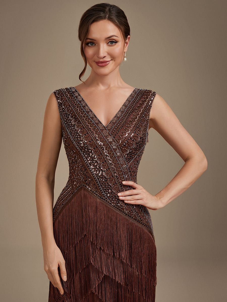 Sequin Tulle Cap Sleeve Dress #color_Brown