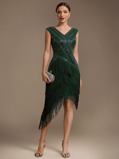 Tulle V Neck Sleeveless Beaded Fringe Dress