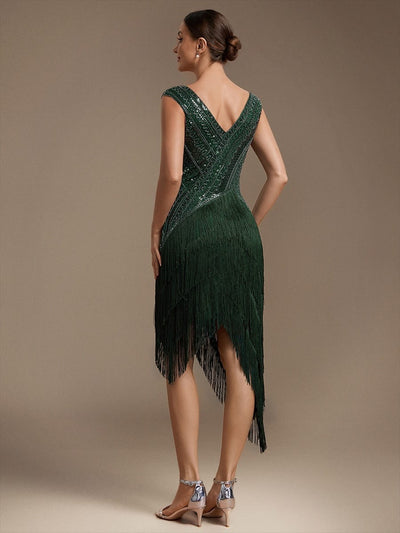 Tulle V Neck Sleeveless Beaded Fringe Dress