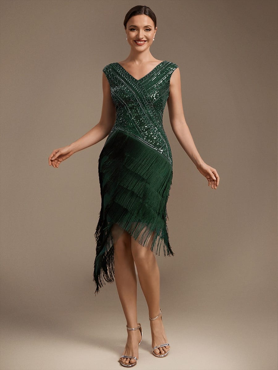 Sequin Tulle Cap Sleeve Dress #color_Dark Green