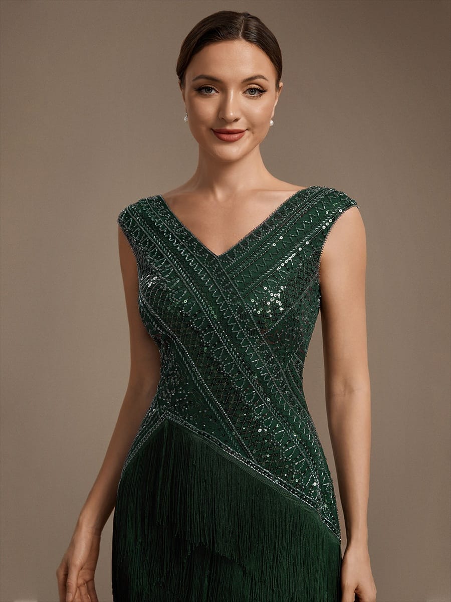 Sequin Tulle Cap Sleeve Dress #color_Dark Green