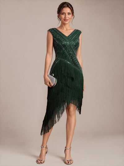 Tulle V Neck Sleeveless Beaded Fringe Dress