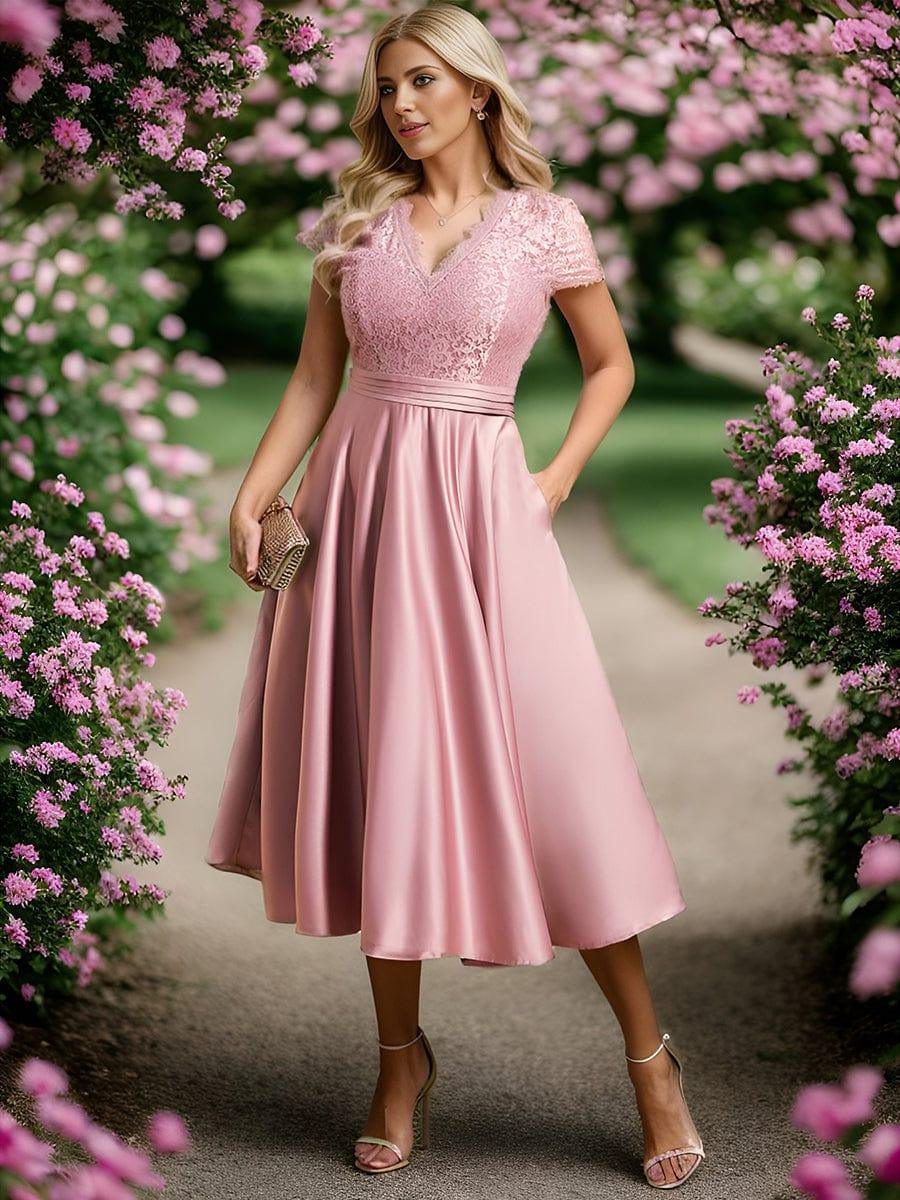 Custom Size Embroidered Floral V Neck Short Sleeves Midi A-Line Cocktail Dress #color_Purple Orchid