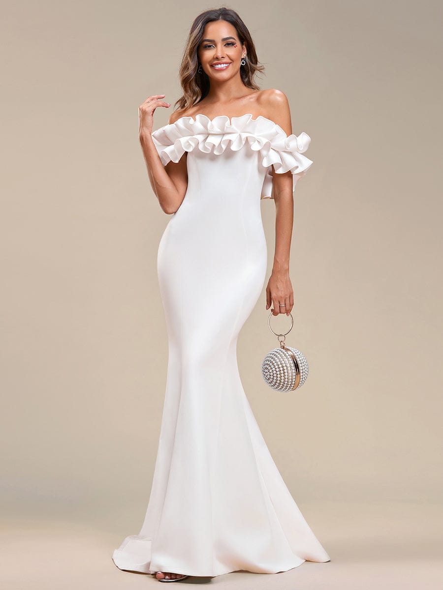 Sweet Ruffled Off Shoulder Mermaid Maxi Evening Dress #color_Cream