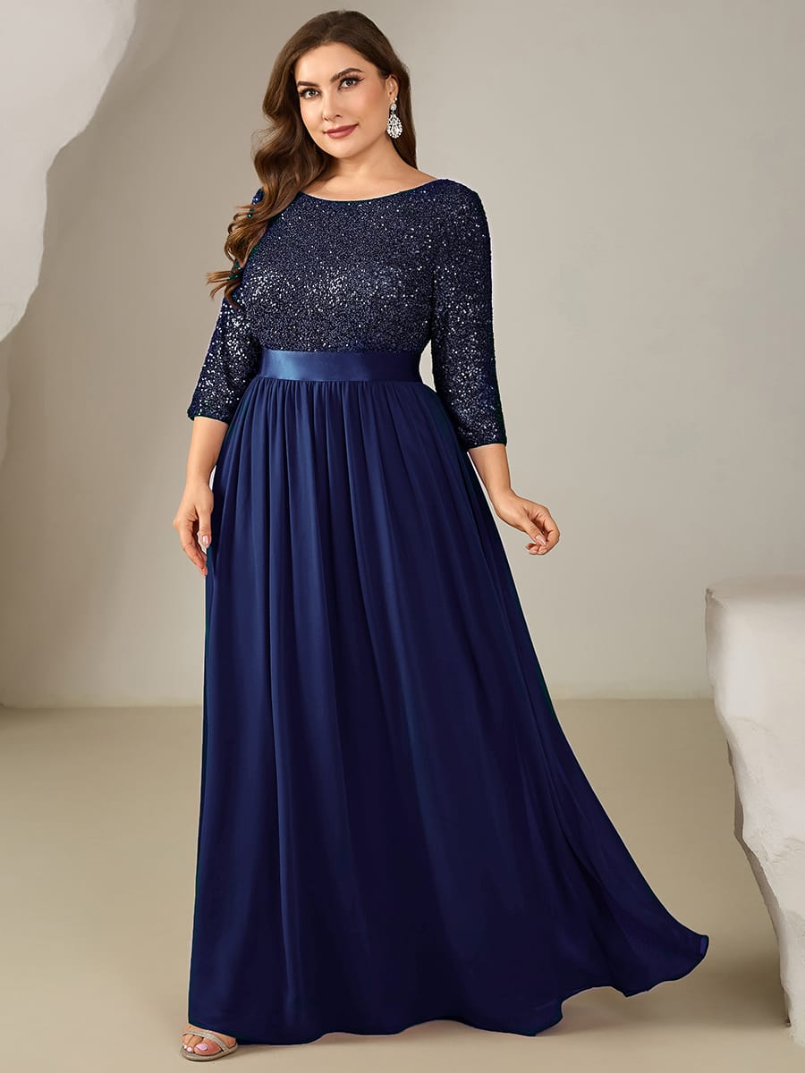 See-through Sequin A-Line Evening Dress #color_Navy Blue