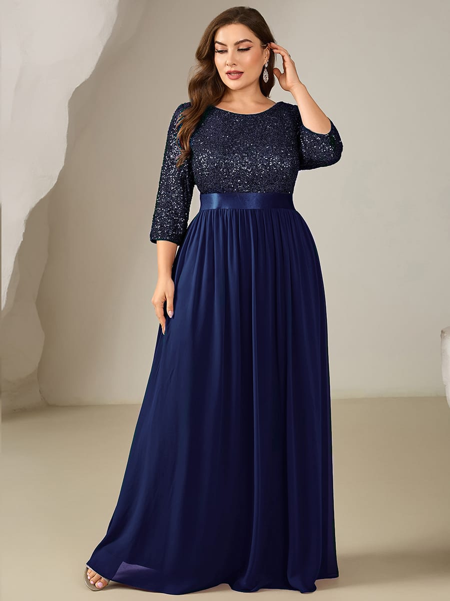 See-through Sequin A-Line Evening Dress #color_Navy Blue
