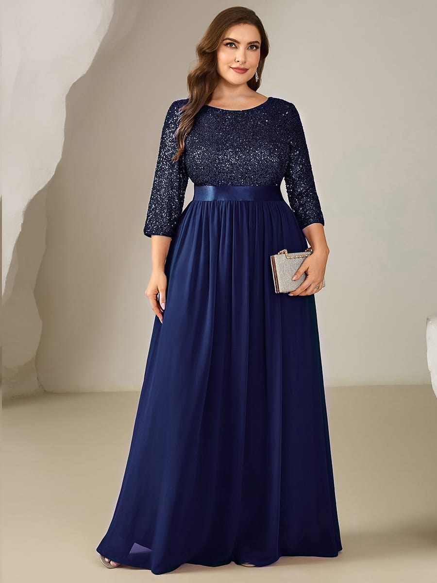 See-through Sequin A-Line Evening Dress #color_Navy Blue