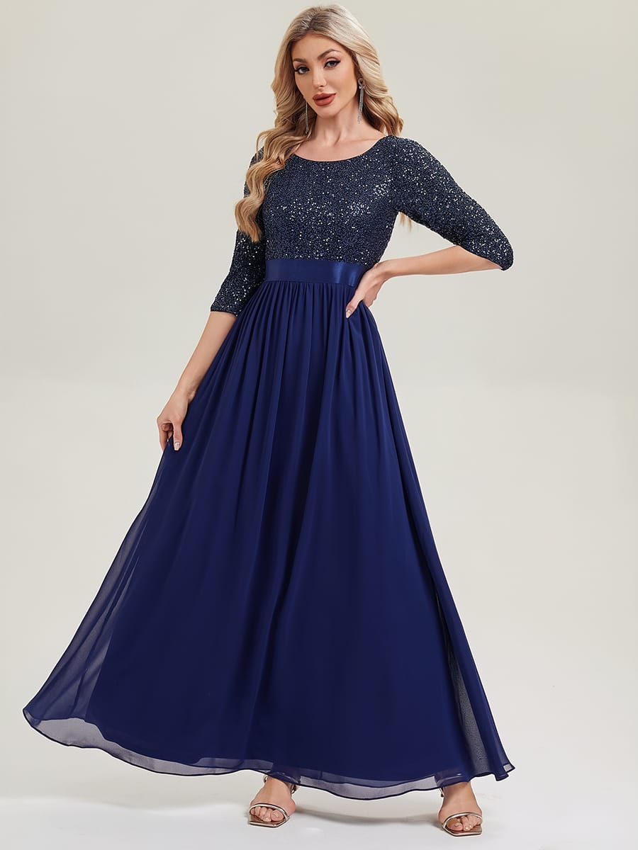 See-through Sequin A-Line Evening Dress #color_Navy Blue