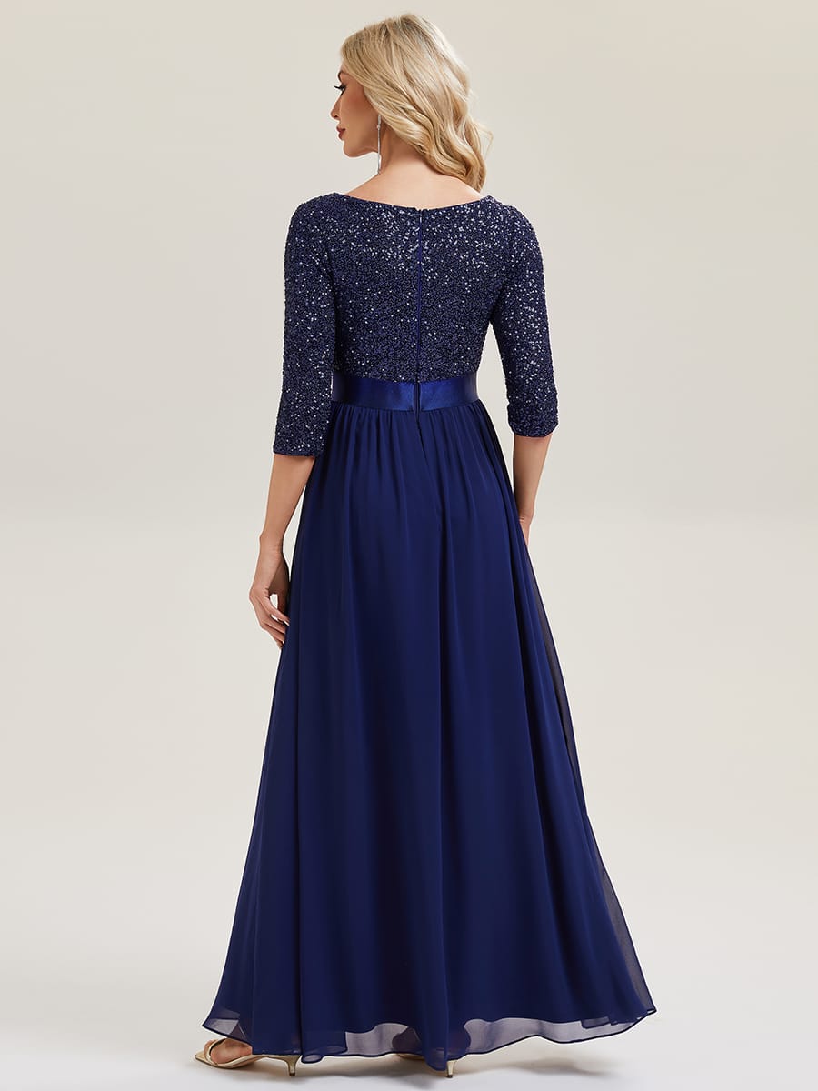 See-through Sequin A-Line Evening Dress #color_Navy Blue