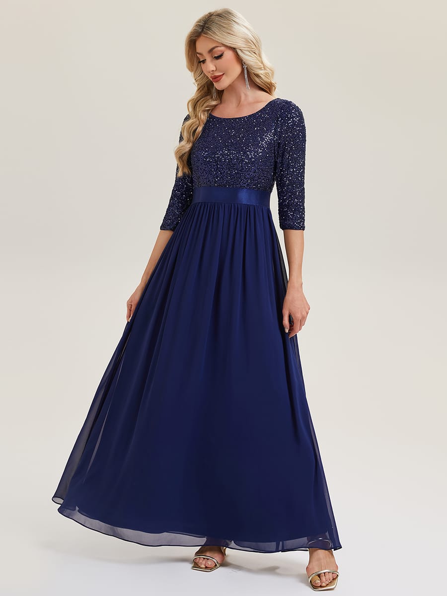 See-through Sequin A-Line Evening Dress #color_Navy Blue