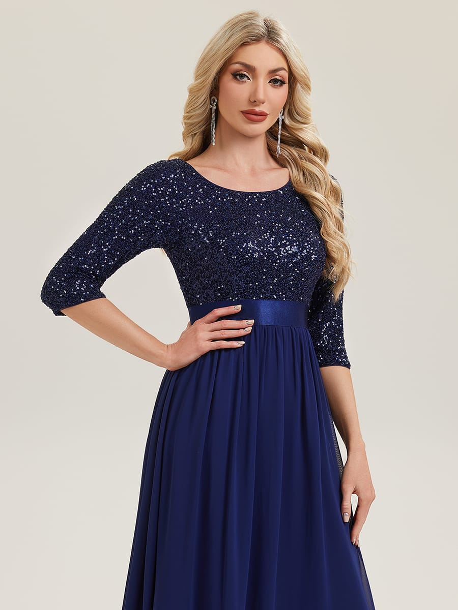 See-through Sequin A-Line Evening Dress #color_Navy Blue