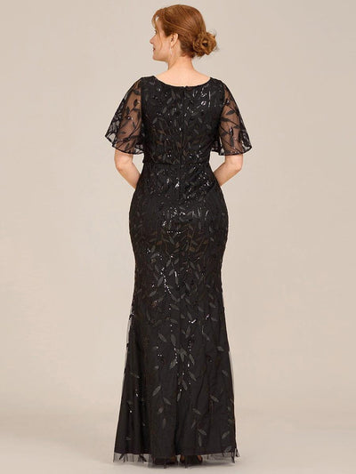 Gorgeous V Neck Leaf-Sequined Fishtail Party Dress #color_Black