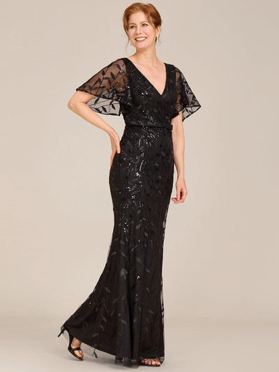 Gorgeous V Neck Leaf-Sequined Fishtail Party Dress #color_Black