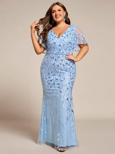 Fashion Plus Size V Neck Mermaid Sequin & Tulle Evening Dress #color_Sky Blue