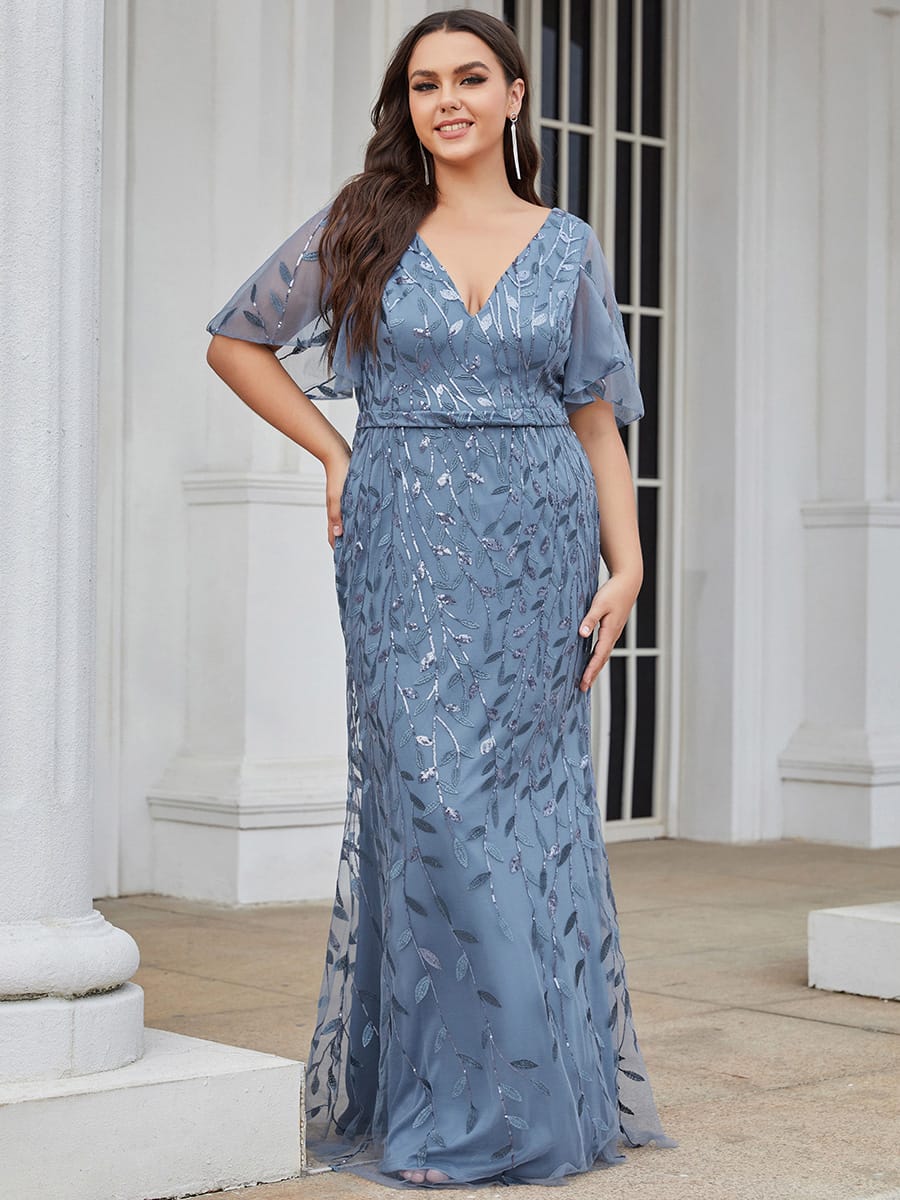 Gorgeous V Neck Leaf-Sequined Fishtail Party Dress #color_Dusty Blue