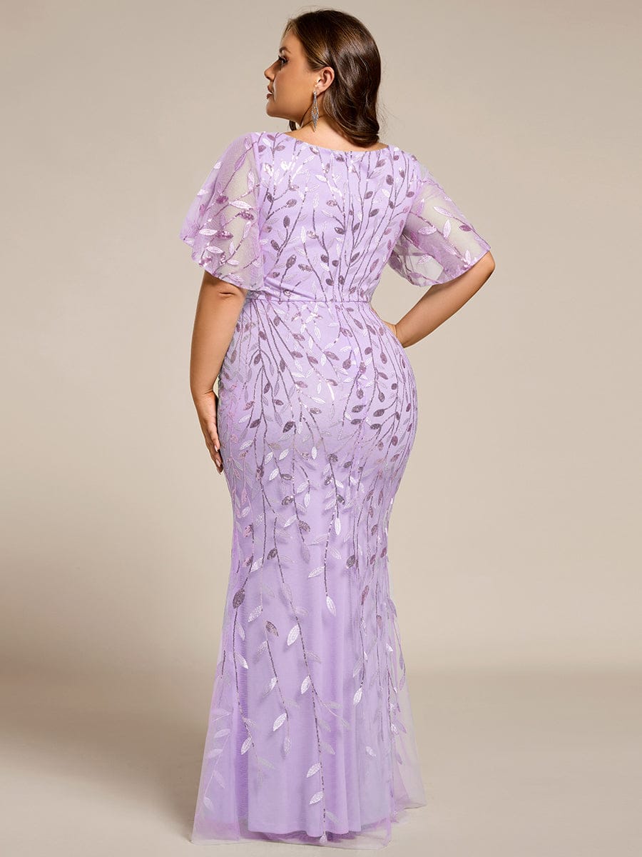 Gorgeous V Neck Leaf-Sequined Fishtail Party Dress #color_Lavender