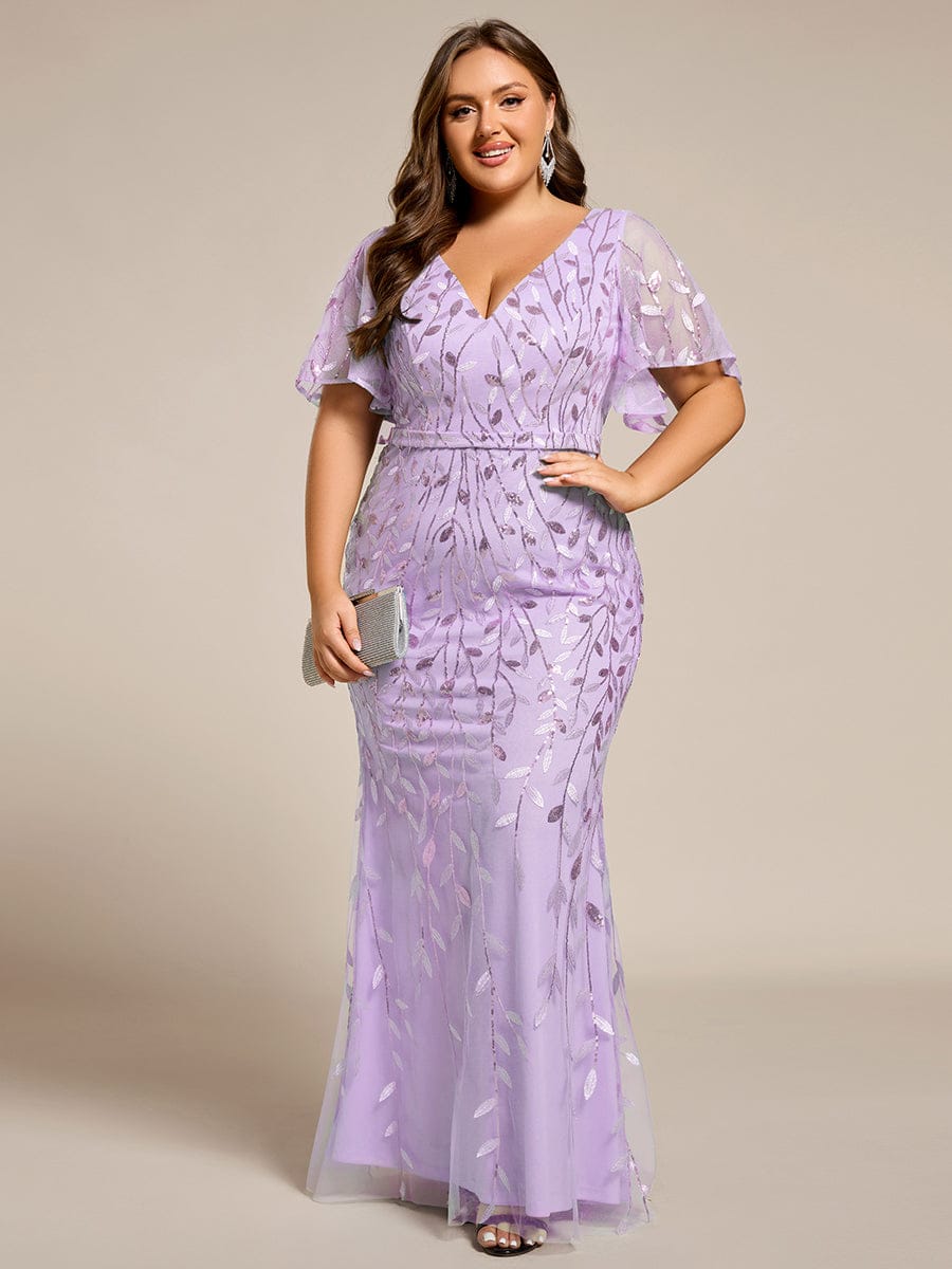 Fashion Plus Size V Neck Mermaid Sequin & Tulle Evening Dress #color_Lavender