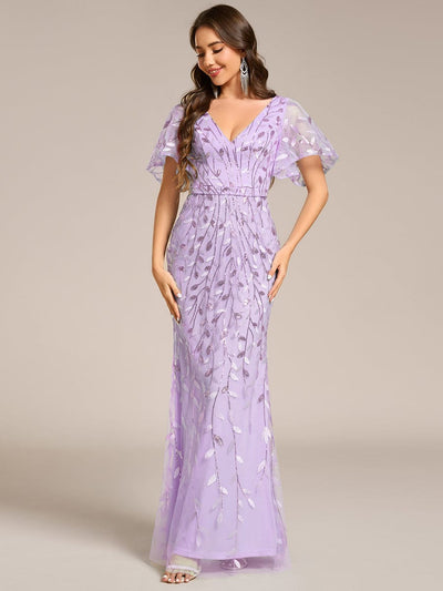 Gorgeous V Neck Leaf-Sequined Fishtail Party Dress #color_Lavender