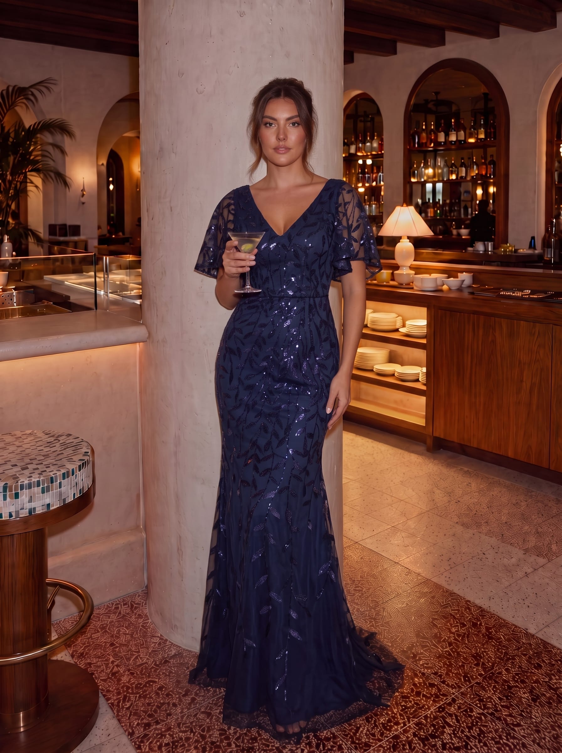 Gorgeous V Neck Leaf-Sequined Fishtail Party Dress #color_Navy Blue
