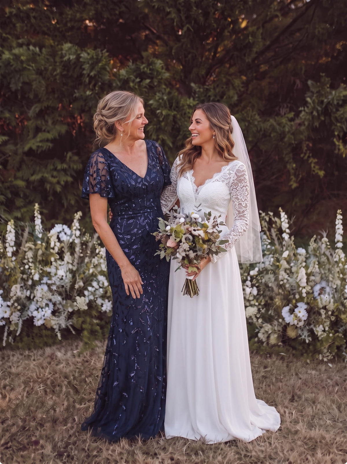 Gorgeous V Neck Leaf-Sequined Fishtail Party Dress #color_Navy Blue