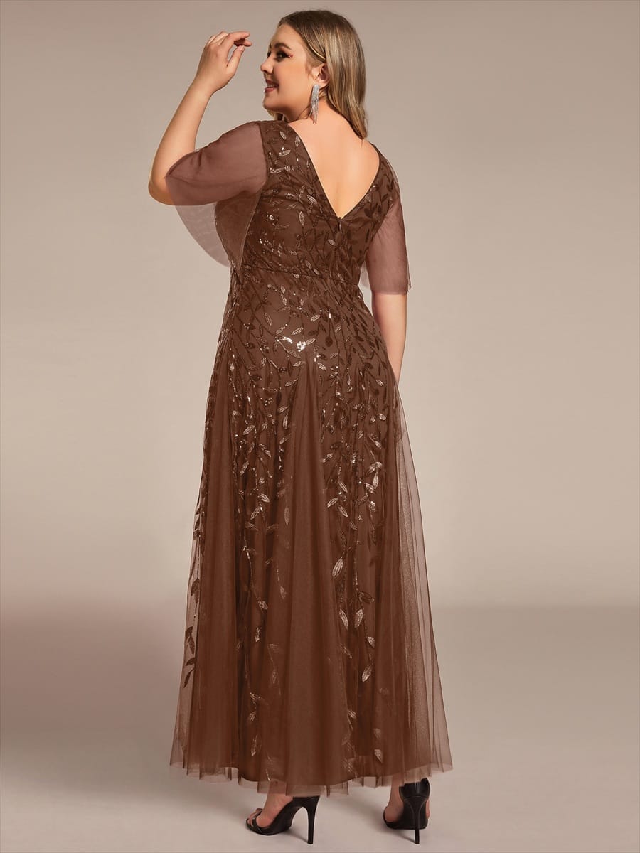 Romantic Shimmery V Neck Ruffle Sleeves Maxi Long Evening Gowns #color_Brown