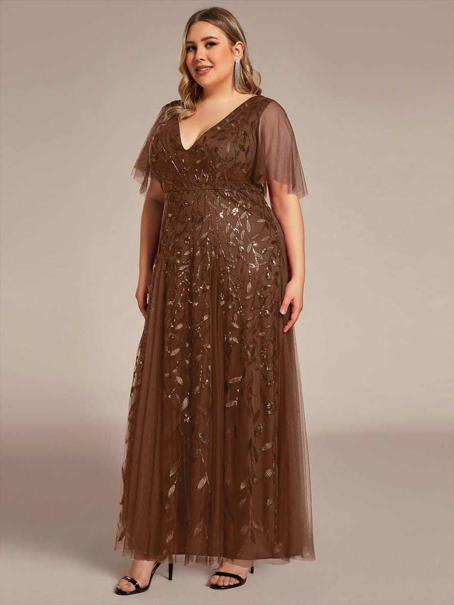 Plus Size romantic shimmery v neck ruffle sleeves evening gown #color_Brown