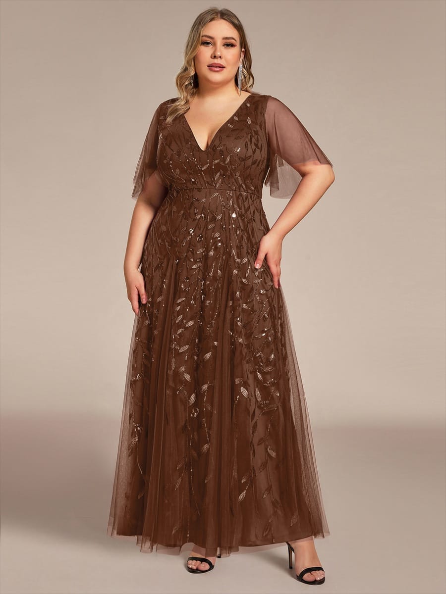 Plus Size romantic shimmery v neck ruffle sleeves evening gown #color_Brown