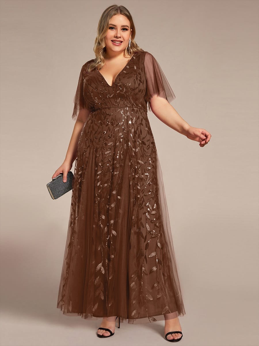 Romantic Shimmery V Neck Ruffle Sleeves Maxi Long Evening Gowns #color_Brown