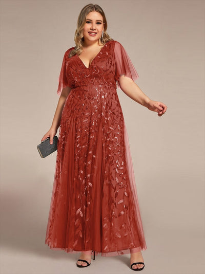 pretty ASTRAL|Plus Size Romantic Shimmery V Neck Ruffle Sleeves Evening Gown