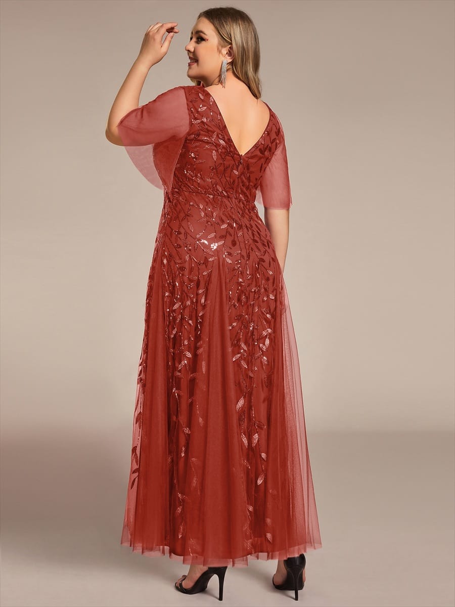 Romantic Shimmery V Neck Ruffle Sleeves Maxi Long Evening Gowns #color_Burnt Orange