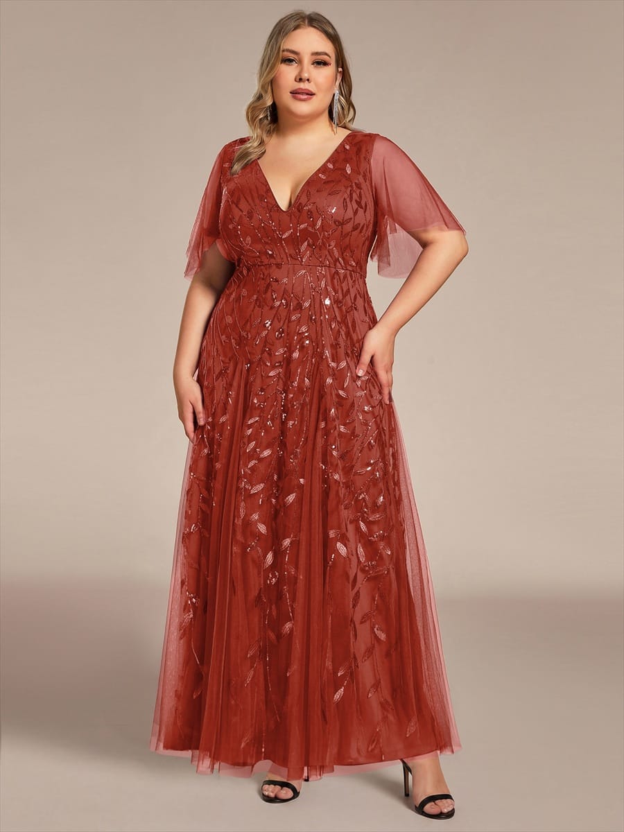 Romantic Shimmery V Neck Ruffle Sleeves Maxi Long Evening Gowns #color_Burnt Orange