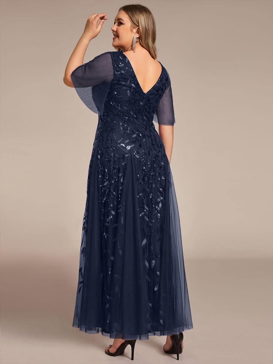 Romantic Shimmery V Neck Ruffle Sleeves Maxi Long Evening Gowns #color_Navy Blue
