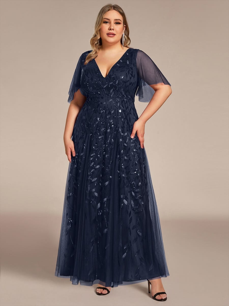 Romantic Shimmery V Neck Ruffle Sleeves Maxi Long Evening Gowns #color_Navy Blue