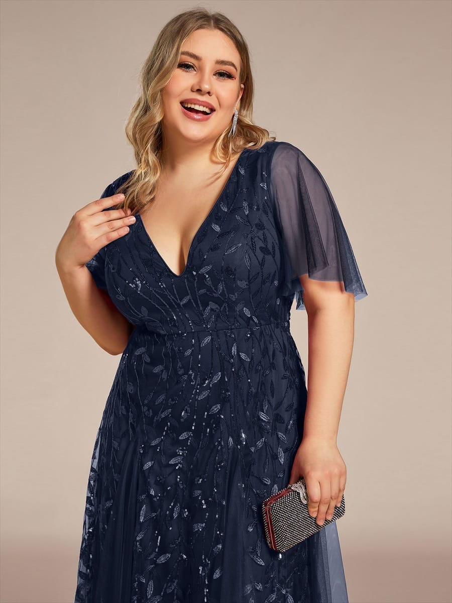 Romantic Shimmery V Neck Ruffle Sleeves Maxi Long Evening Gowns #color_Navy Blue