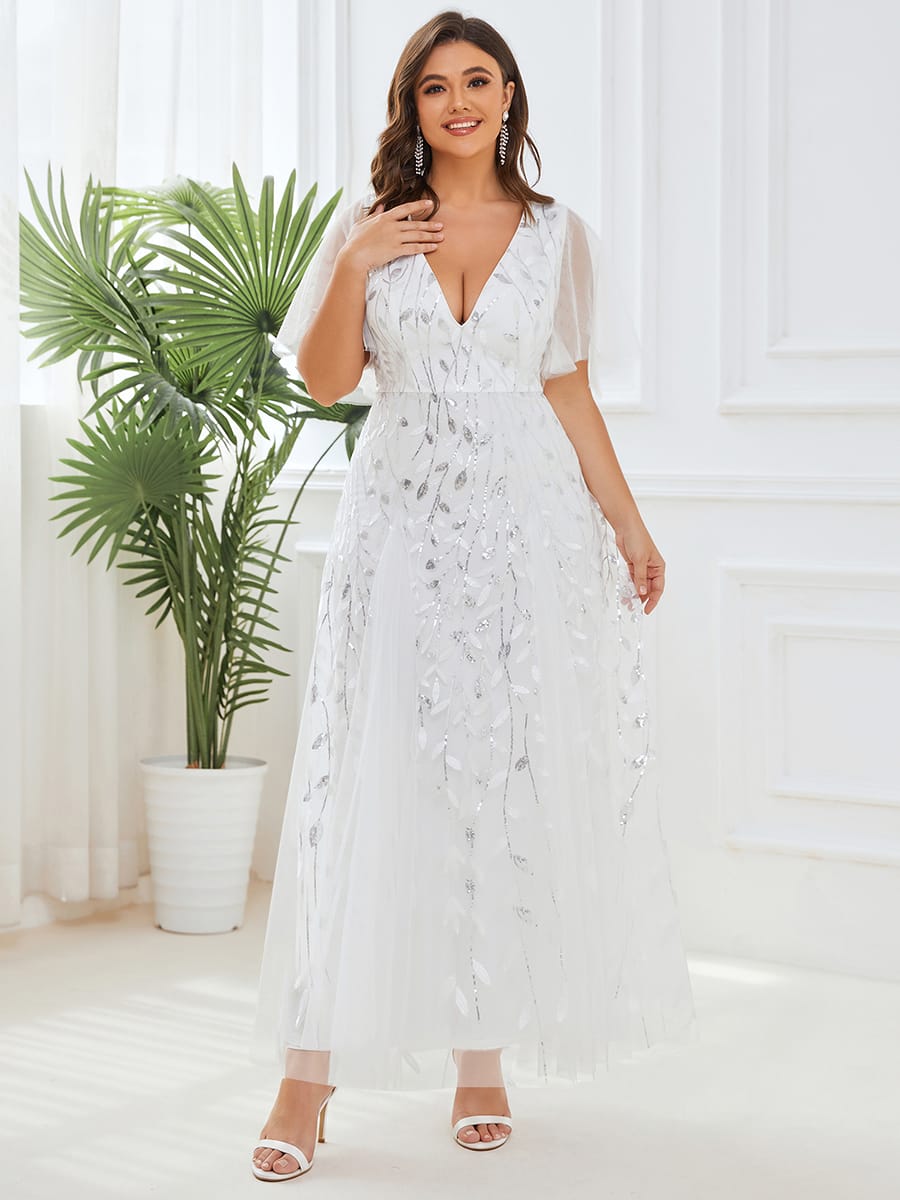 Stunning V Neck Long Wedding Guest Dress with Ruffle Sleeves #color_White