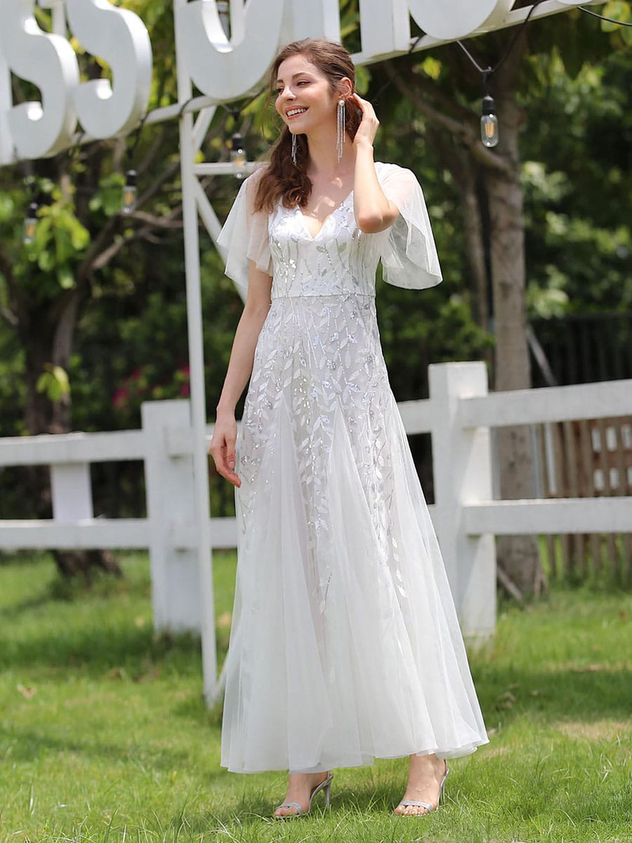 Stunning V Neck Long Wedding Guest Dress with Ruffle Sleeves #color_White