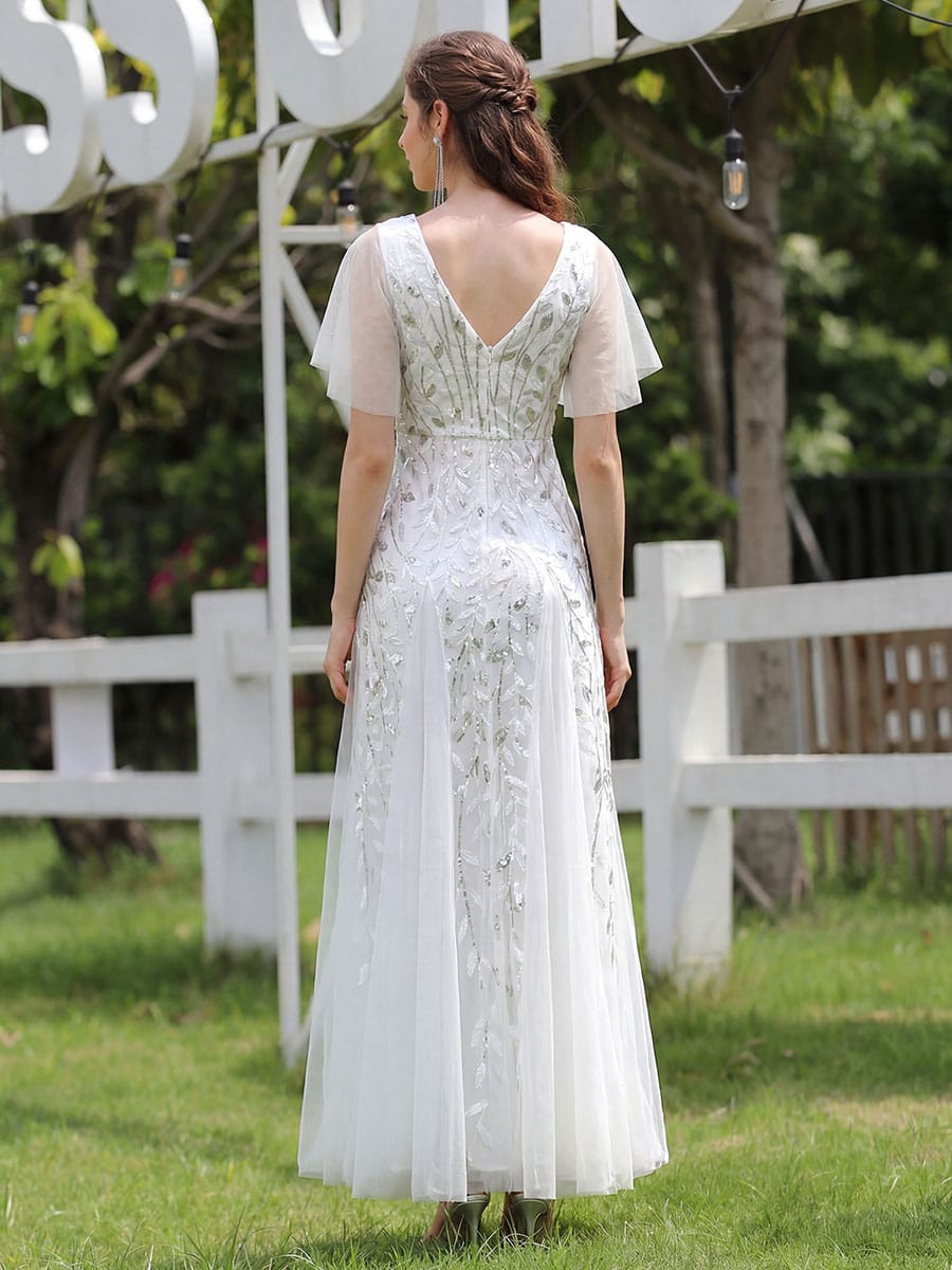 Stunning V Neck Long Wedding Guest Dress with Ruffle Sleeves #color_White