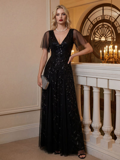 ever ASTRAL|Romantic Shimmery V Neck Ruffle Sleeves Maxi Long Evening Gowns