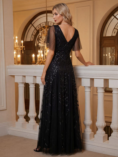 Romantic Shimmery V Neck Ruffle Sleeves Maxi Long Evening Gowns #color_Black