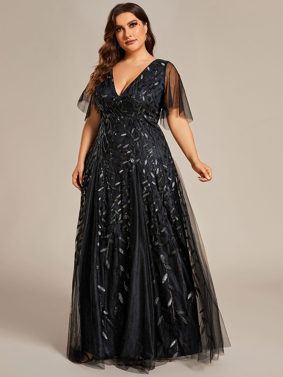 Romantic Shimmery V Neck Ruffle Sleeves Maxi Long Evening Gowns #color_Black