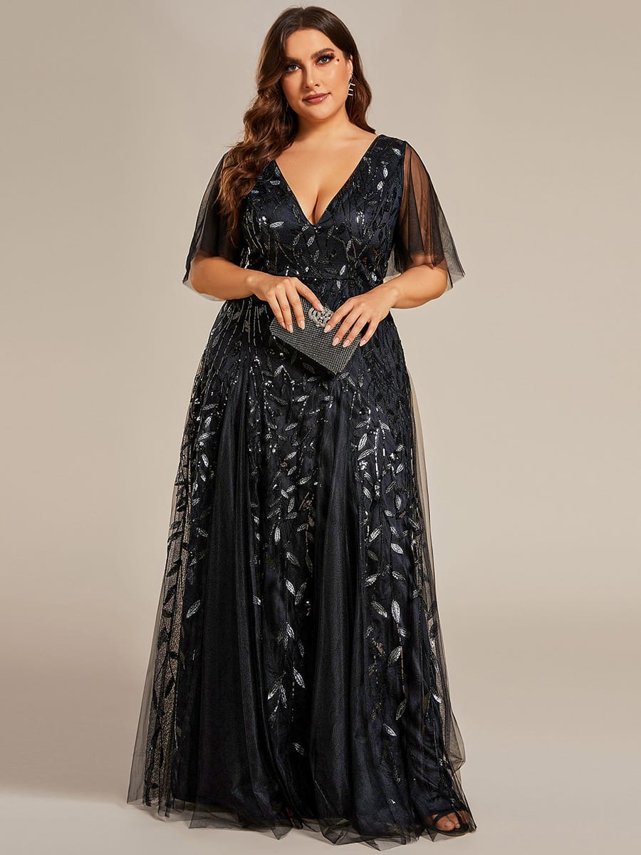 Romantic Shimmery V Neck Ruffle Sleeves Maxi Long Evening Gowns #color_Black