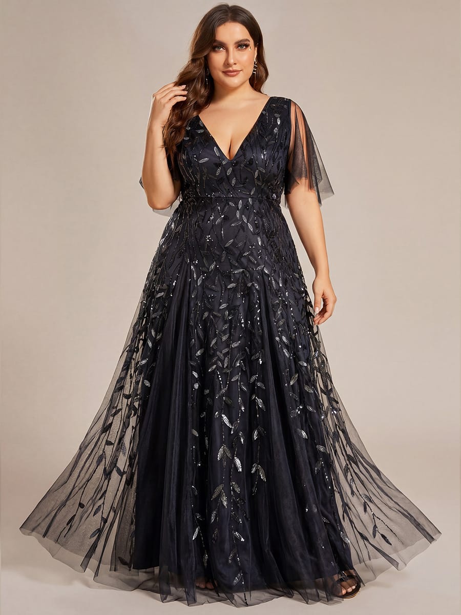 Romantic Shimmery V Neck Ruffle Sleeves Maxi Long Evening Gowns #color_Black