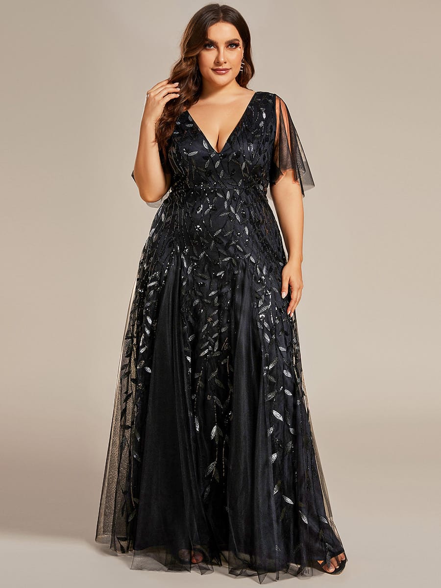 Romantic Shimmery V Neck Ruffle Sleeves Maxi Long Evening Gowns #color_Black