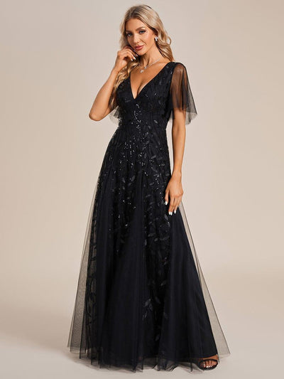 ever ASTRAL|Romantic Shimmery V Neck Ruffle Sleeves Maxi Long Evening Gowns