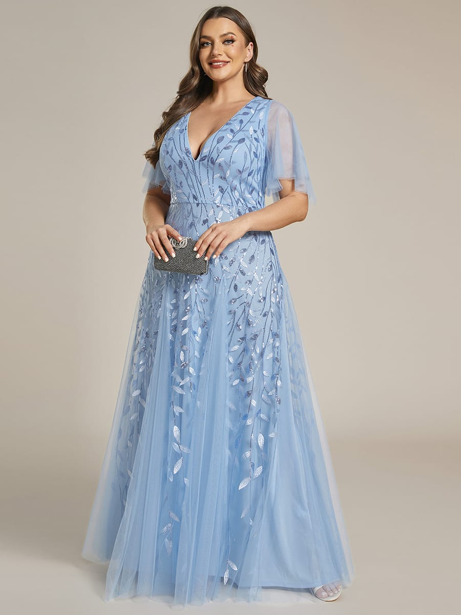 Romantic Shimmery V Neck Ruffle Sleeves Maxi Long Evening Gowns #color_Sky Blue